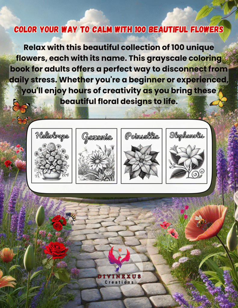 100 Flowers Adult Coloring Book
