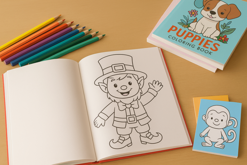 Open coloring book for kids showing a cute elf illustration, perfect for young children to explore creativity and imagination
