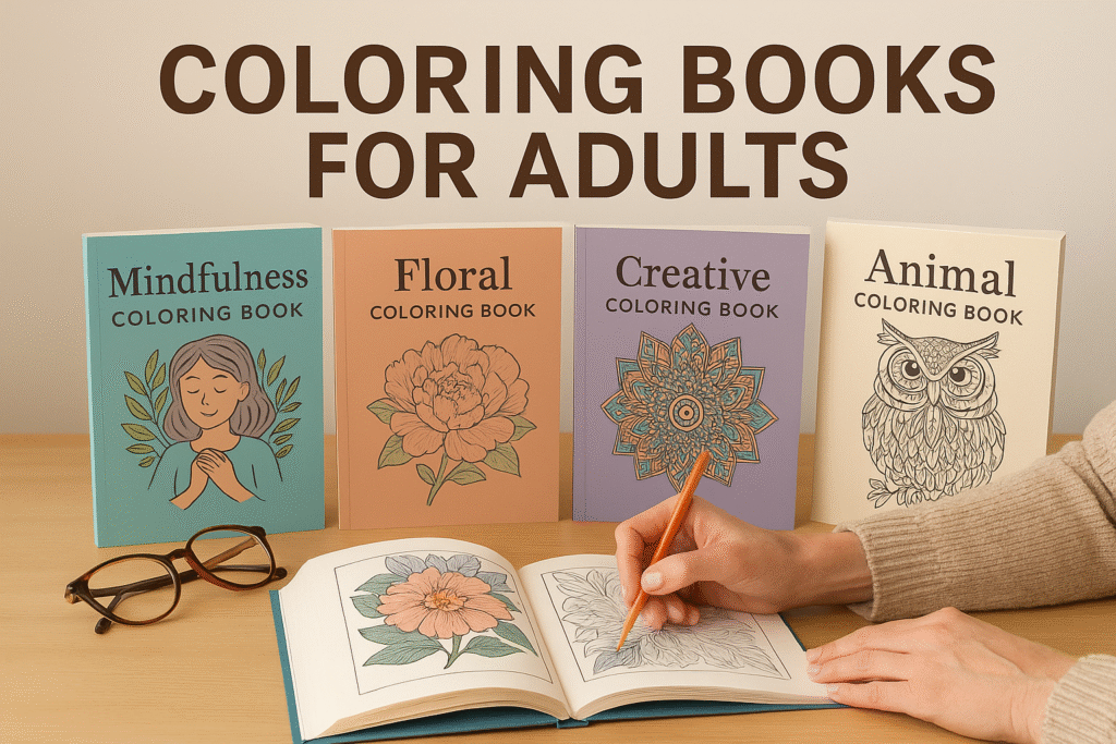 Four adult coloring books with illustrated covers and a person coloring a floral page, ideal for mindfulness and stress relief.